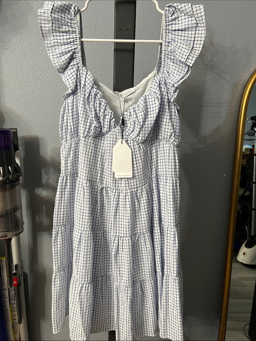 English Factory Blue and White Gingham Ruffle Dress